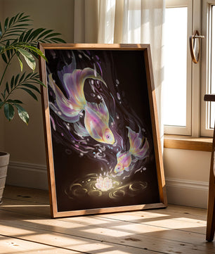 Colorful Koi Fish in a Dreamlike Underwater Scene with Illuminated Elements
