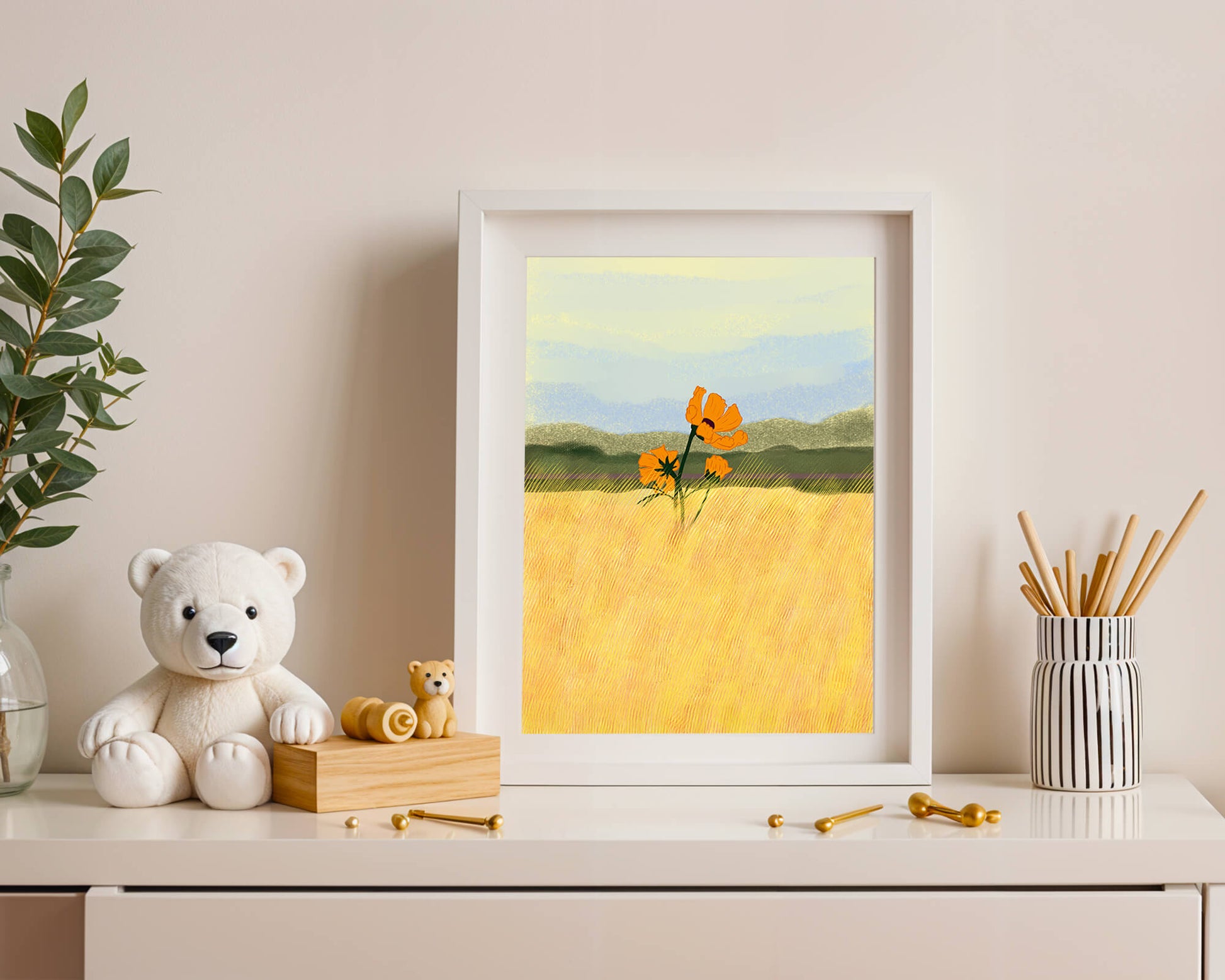 Orange Flowers in a Golden Field with Mountains and Blue Sky