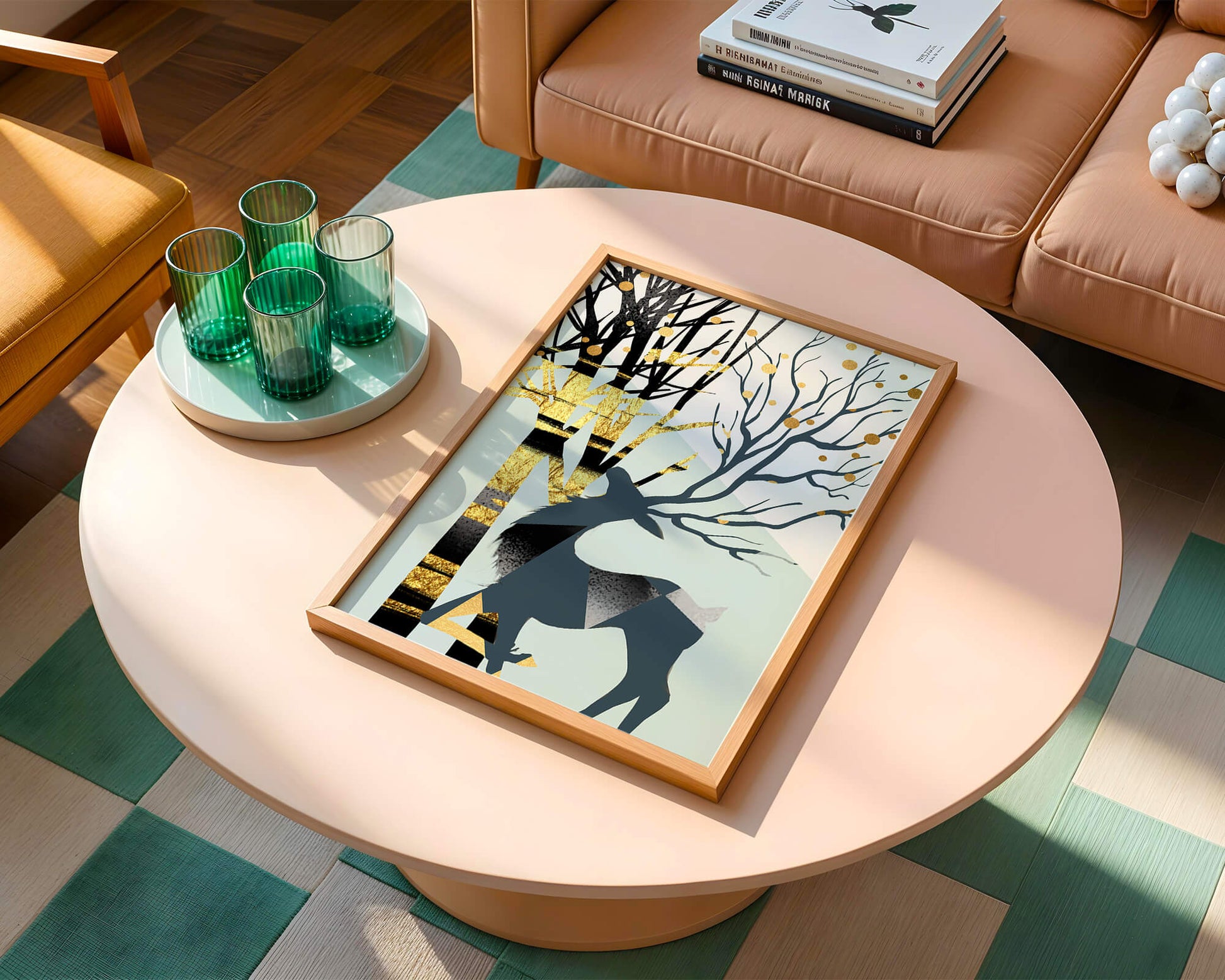 Abstract Deer Silhouette with Golden Accents and Trees