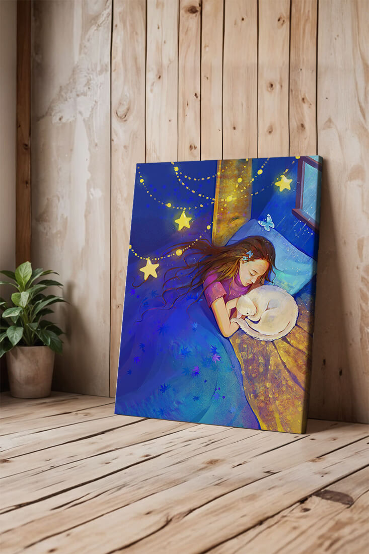 Girl sleeping with cat under starry night sky
