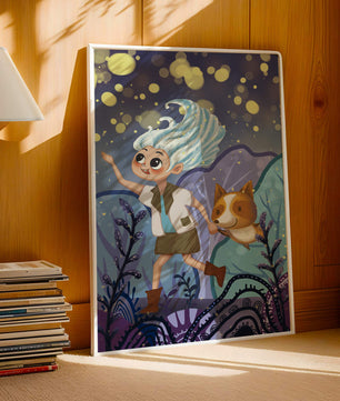 Whimsical Adventure in a Magical Night Sky Landscape