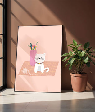Illustration of a cute white cat with a pink vase and yarn ball on a pastel background