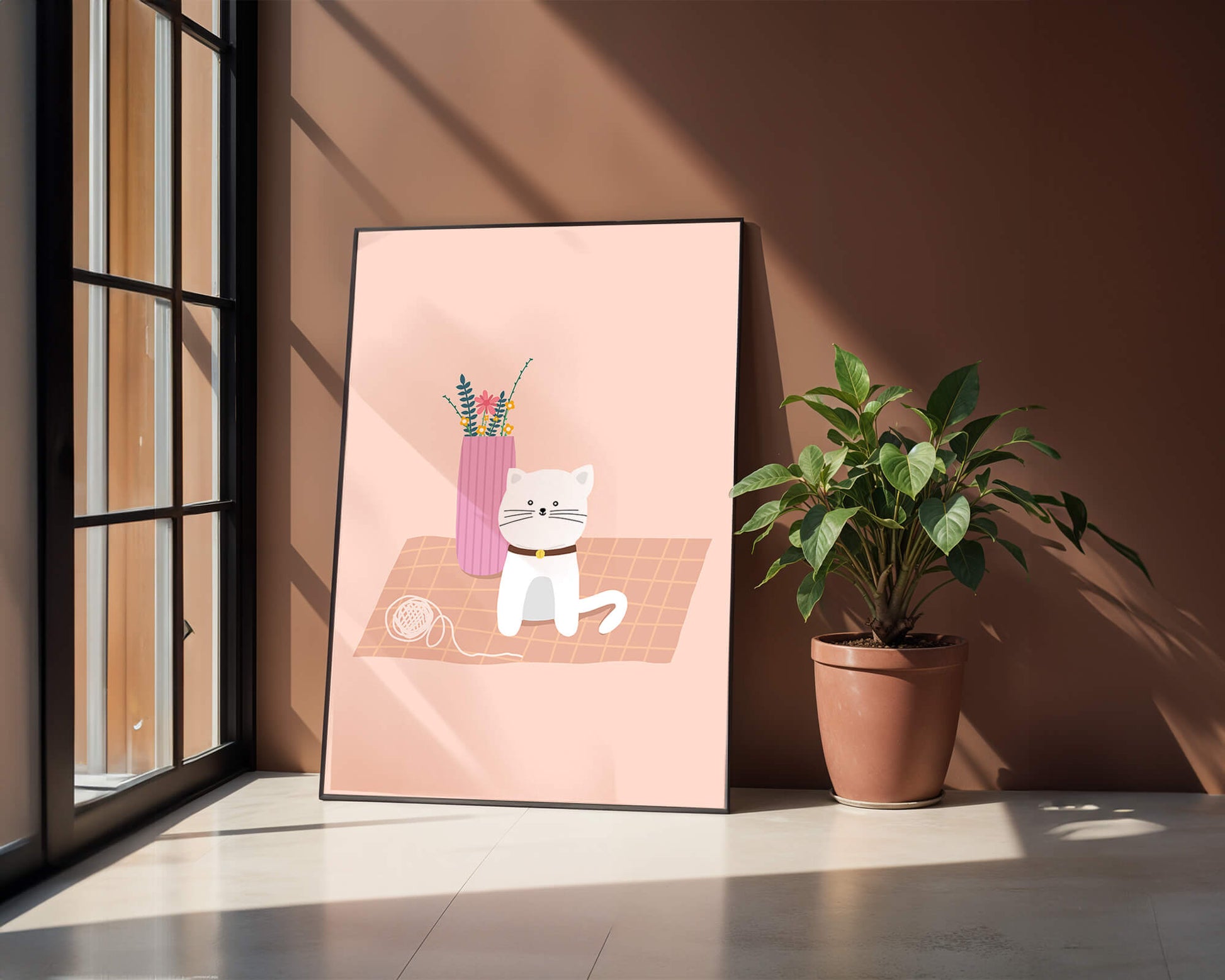 Illustration of a cute white cat with a pink vase and yarn ball on a pastel background