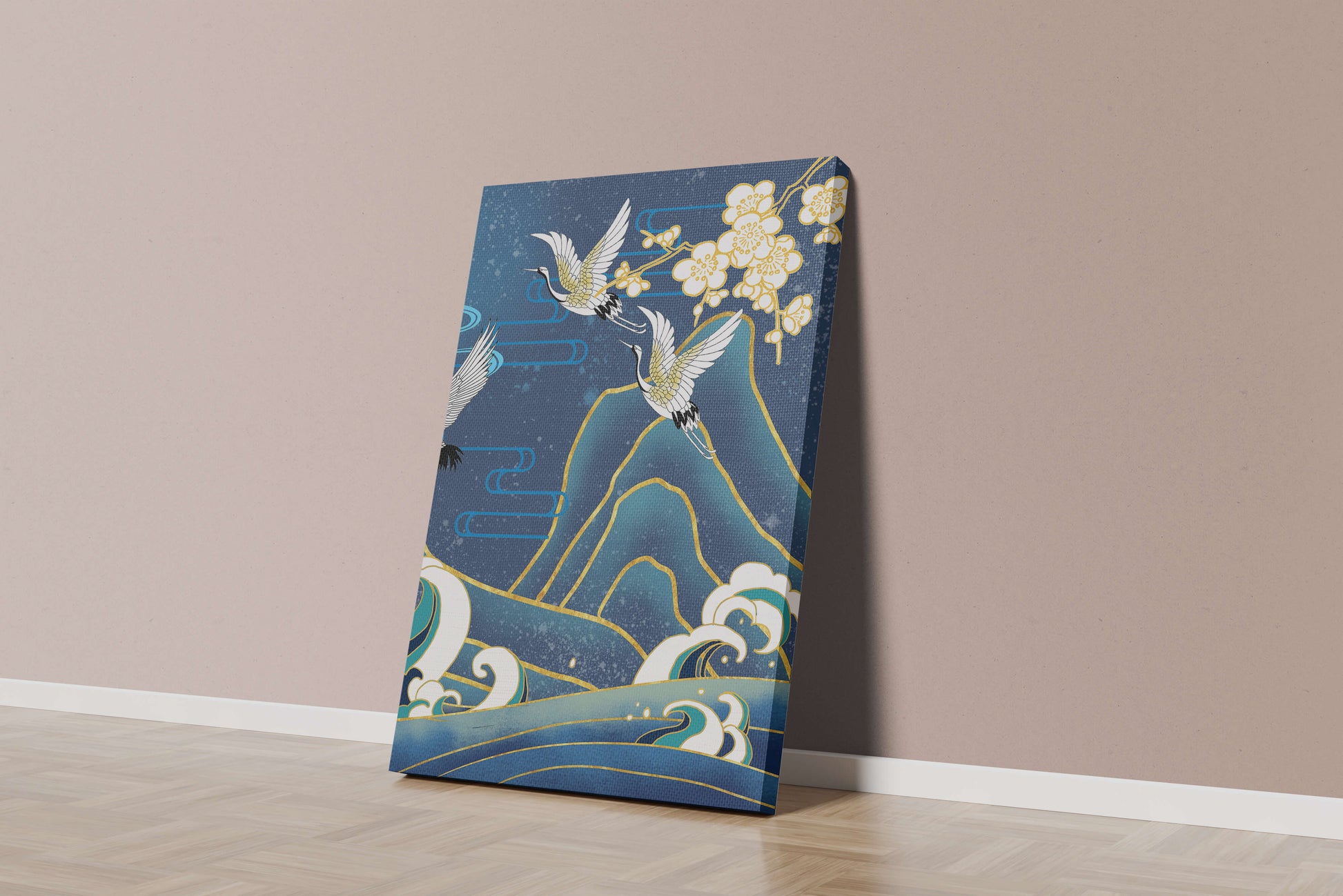Elegant Cranes in Flight over Ocean Waves with Golden Accents and Blossoms
