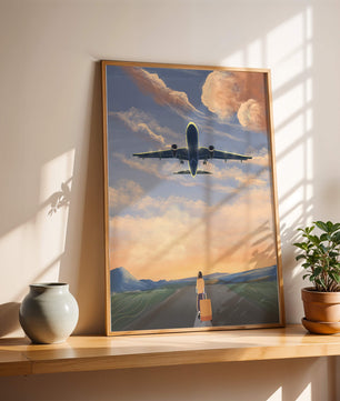 Serene airport departure with airplane and traveler at sunset