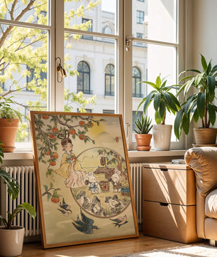 Charmante orientalische Szene mit Kaninchen, Mädchen und Kumquats in der Natur