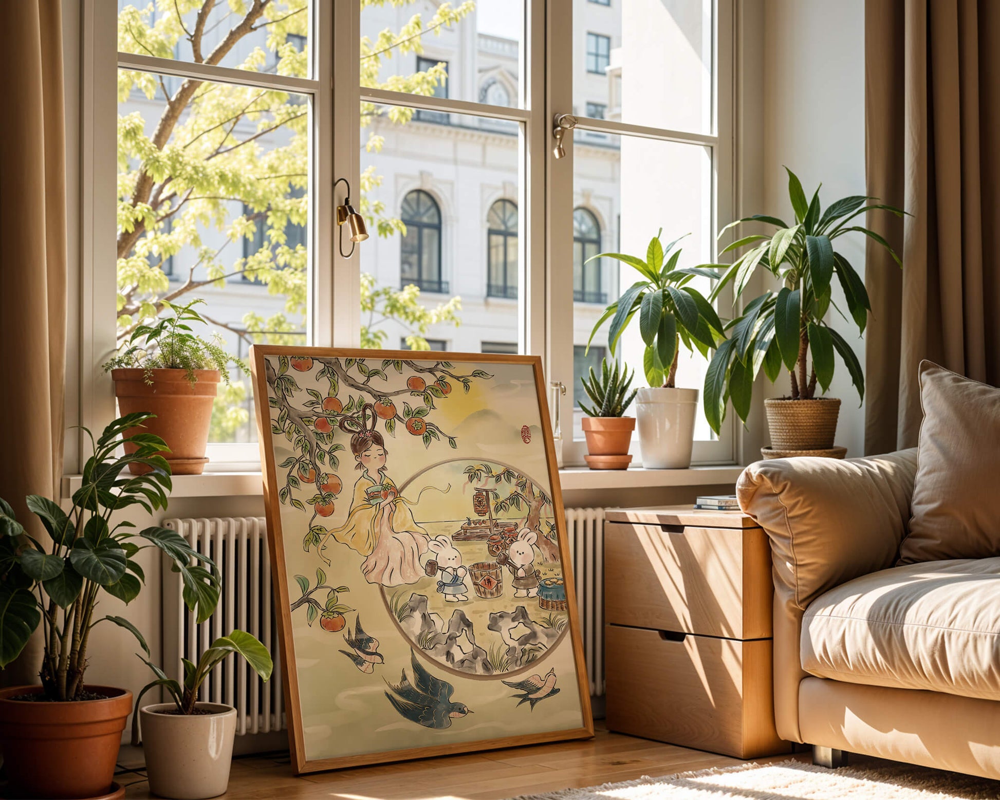 Charmante orientalische Szene mit Kaninchen, Mädchen und Kumquats in der Natur