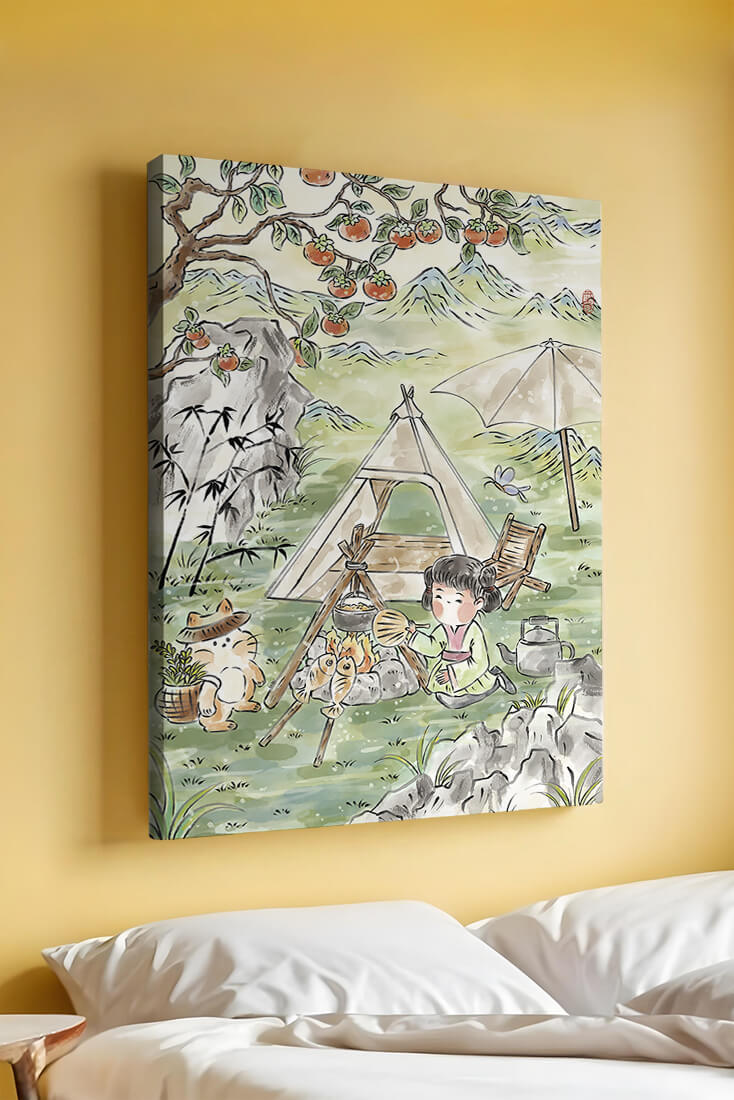 Escena encantadora de camping con un niño y un gato bajo un árbol de caqui