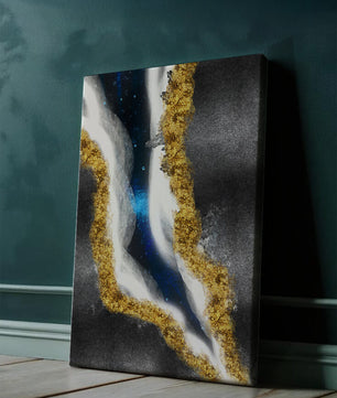 Abstract flowing design with gold, blue, and white textures