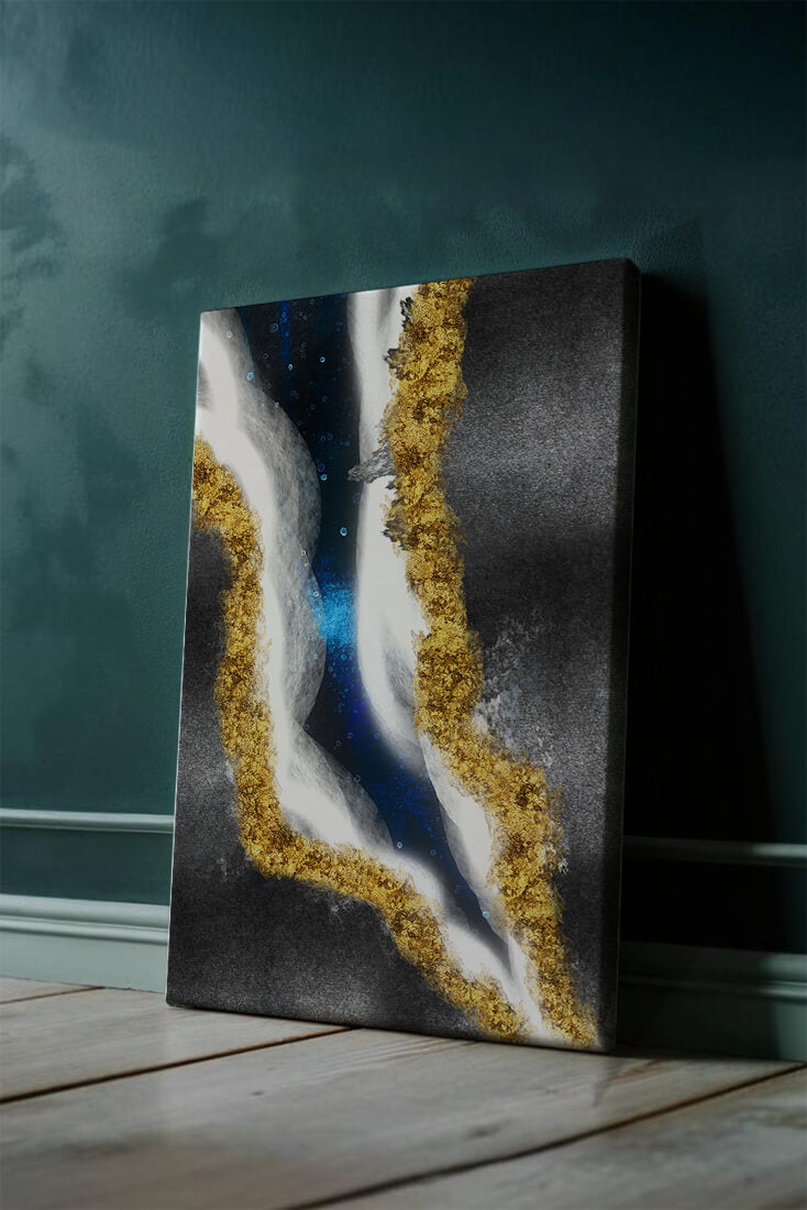 Abstract flowing design with gold, blue, and white textures