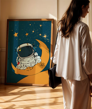 Charming Astronaut Sitting on a Crescent Moon with Stars in Space - Mi tienda