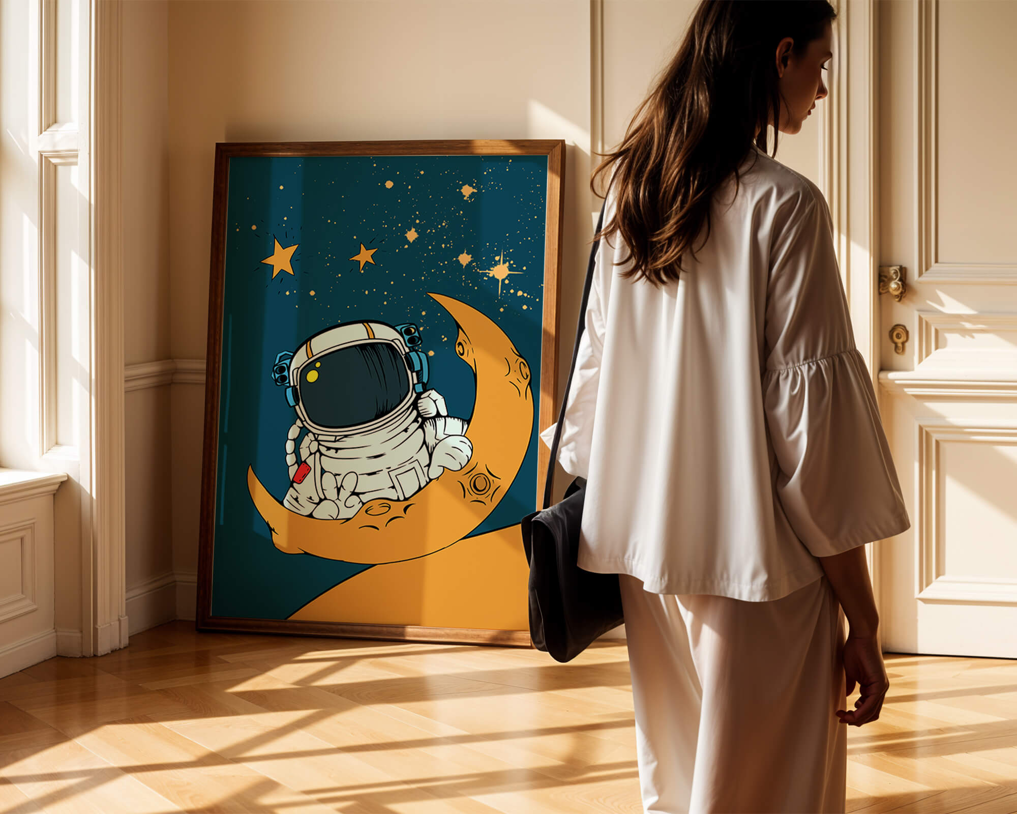 Charming Astronaut Sitting on a Crescent Moon with Stars in Space - Mi tienda