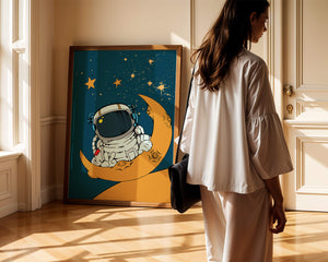 Charming Astronaut Sitting on a Crescent Moon with Stars in Space - Mi tienda