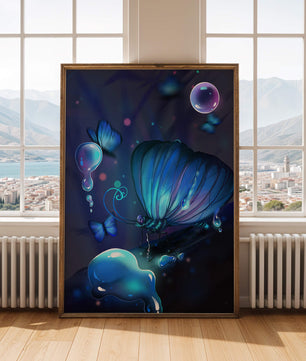 Illuminated Blue Butterflies with Glowing Bubbles in Enchanted Darkness