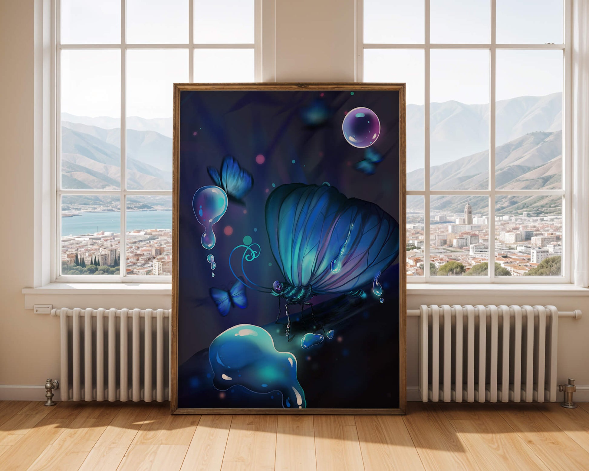 Illuminated Blue Butterflies with Glowing Bubbles in Enchanted Darkness
