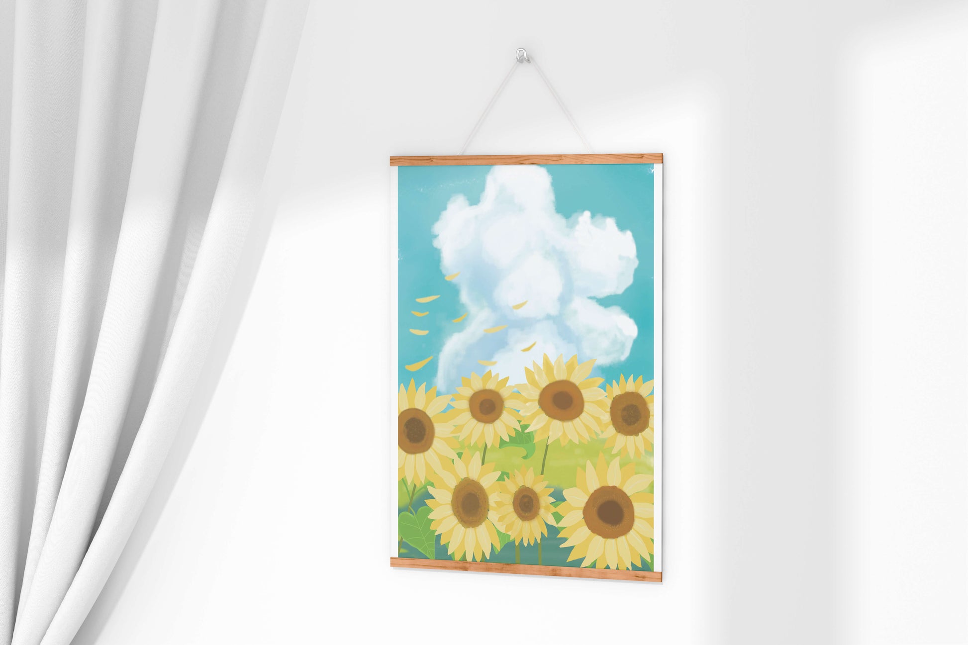 Girasoles en un prado brillante con cielo azul y nubes