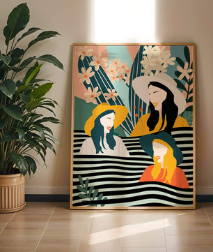 Illustration abstraite colorée de trois femmes avec des éléments floraux et botaniques