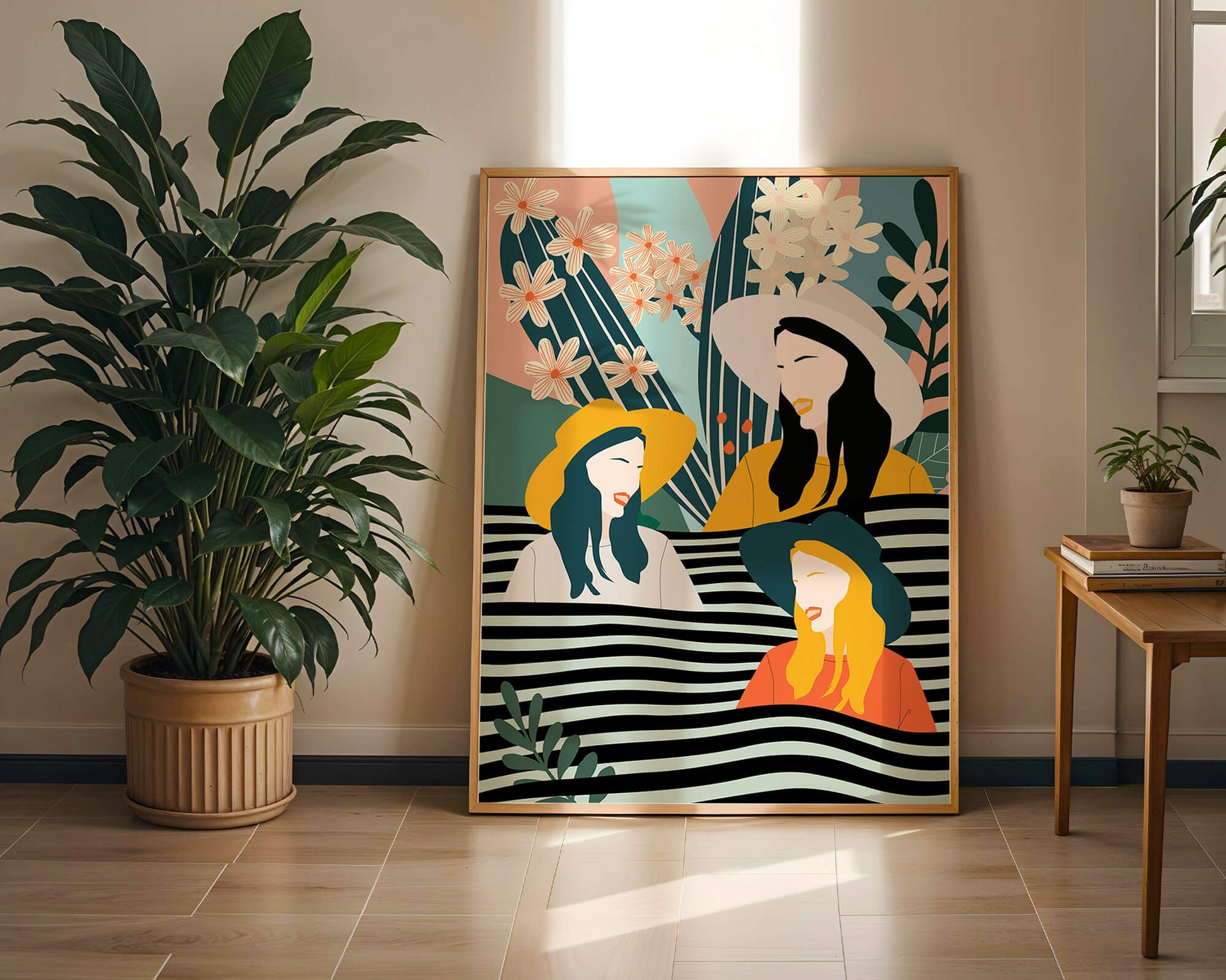 Illustration abstraite colorée de trois femmes avec des éléments floraux et botaniques