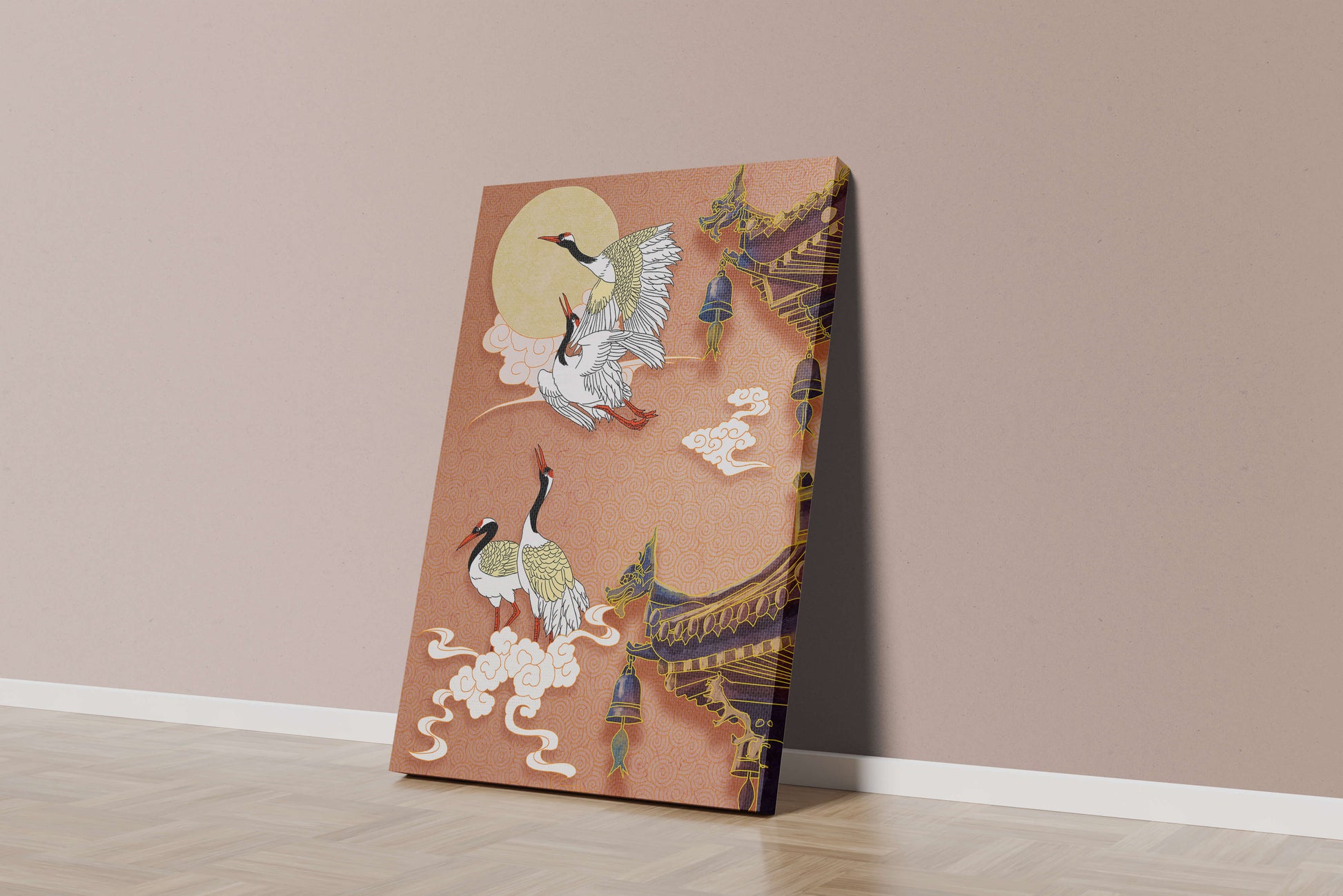 Oriental crane art with golden accents and architectural design