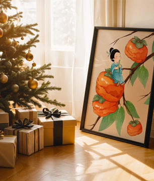 Child playing flute on persimmon-filled tree in whimsical illustration