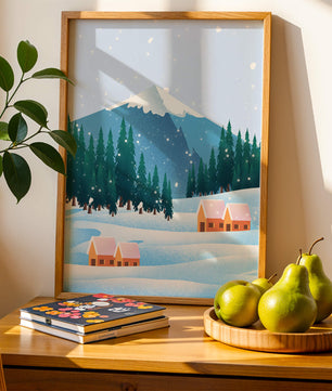Winter Mountain Landscape with Snowy Cabins and Forest - Mi tienda