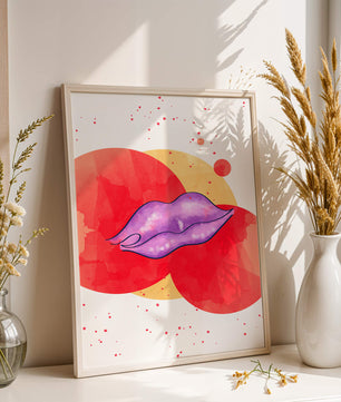 Vibrant Abstract Artwork Featuring Purple Lips on Watercolor Background