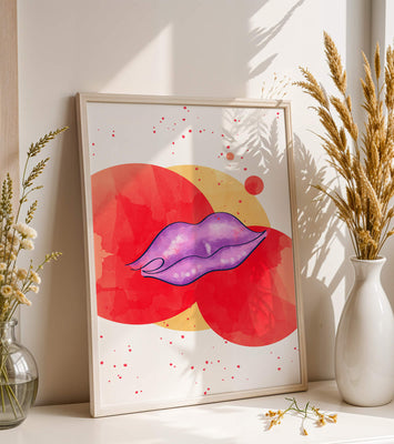 Vibrant Abstract Artwork Featuring Purple Lips on Watercolor Background