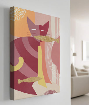 Abstract cat artwork with gold accents and colorful patterns