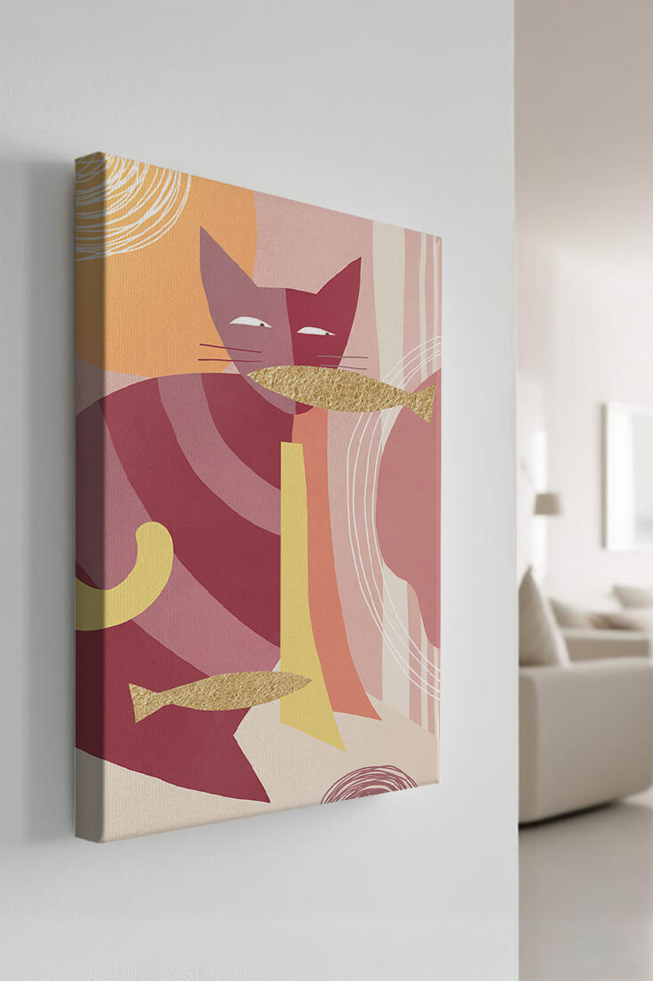 Abstract cat artwork with gold accents and colorful patterns