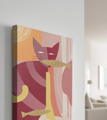 Abstract cat artwork with gold accents and colorful patterns