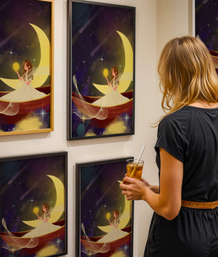 Enchanted night scene with a fairy on a crescent moon