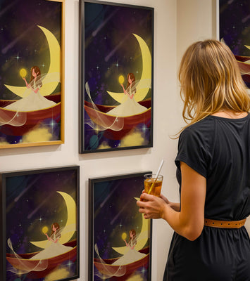 Enchanted night scene with a fairy on a crescent moon