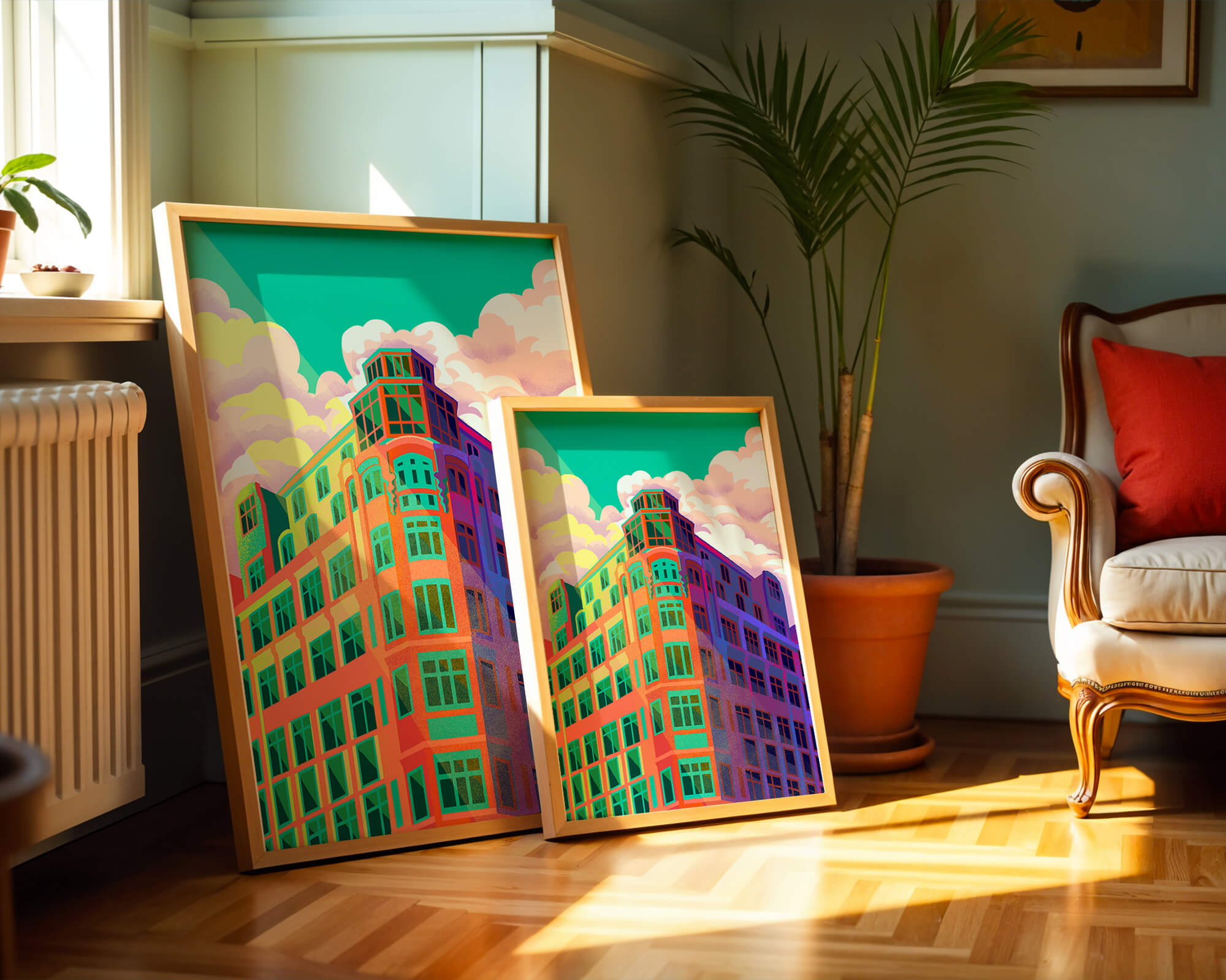 Colorful geometric building with vibrant sky