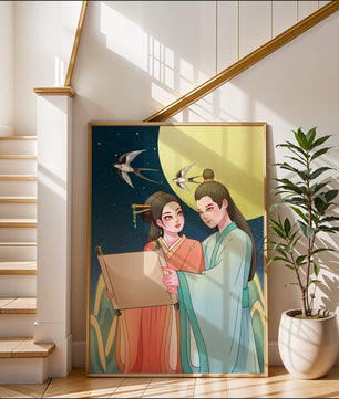 Elegant illustration of traditional attire with scroll and swallows under a full moon