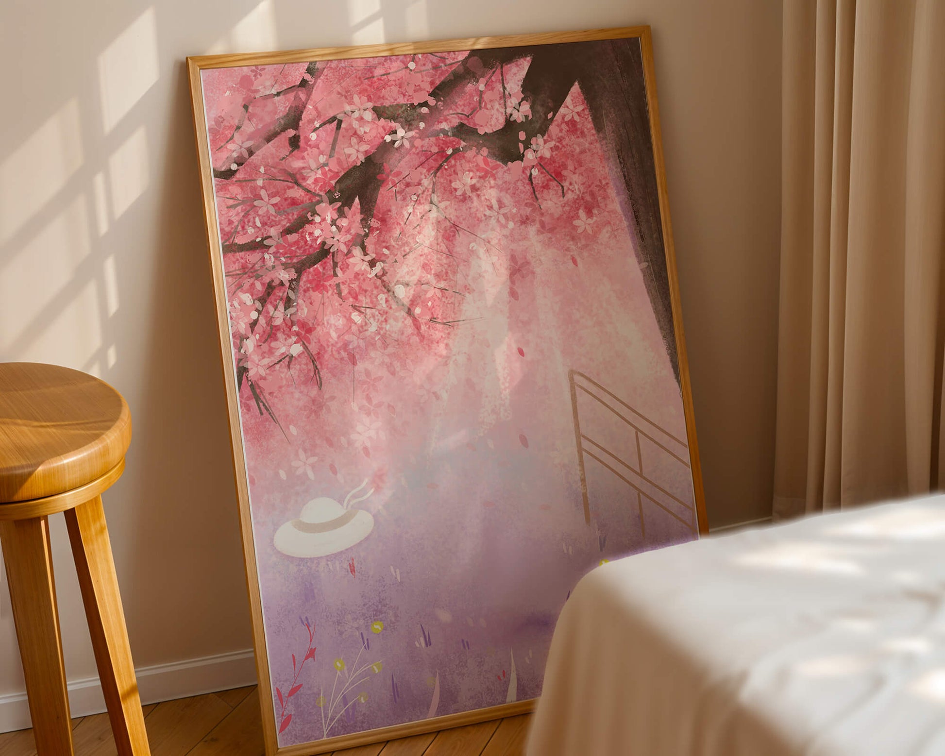 Cherry Blossom Garden with Spring Flowers and Sunlight