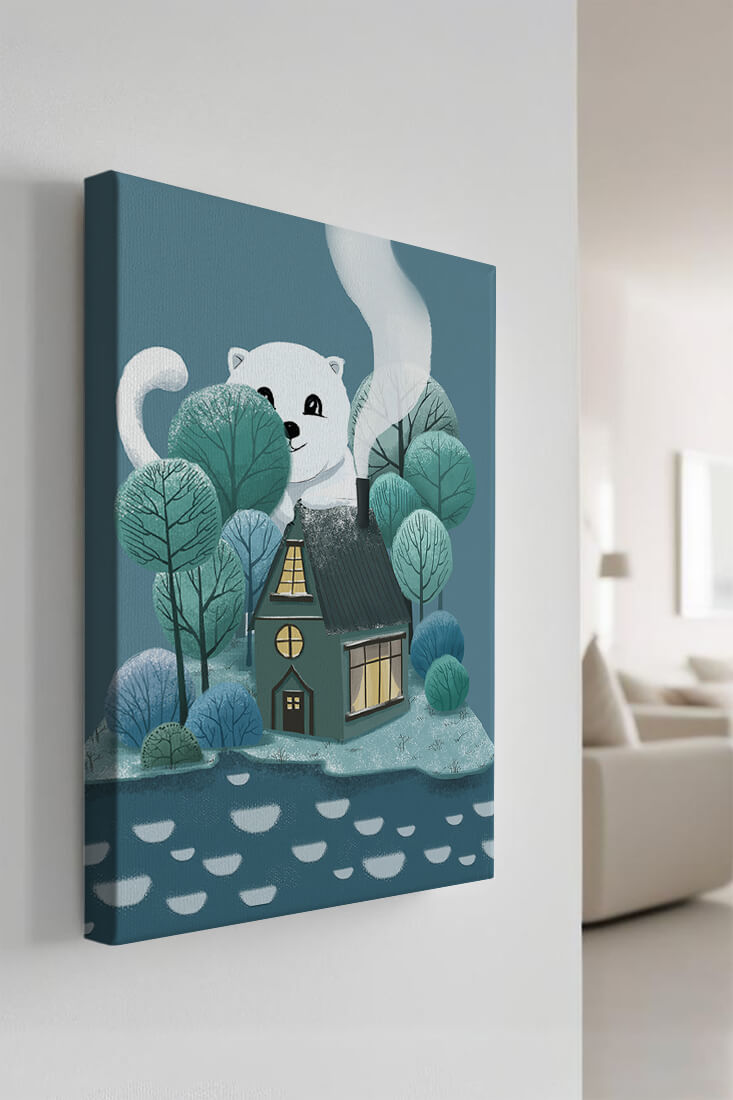 Skurrile Illustration eines gemütlichen Hauses, umgeben von Bäumen und einem freundlichen Wesen