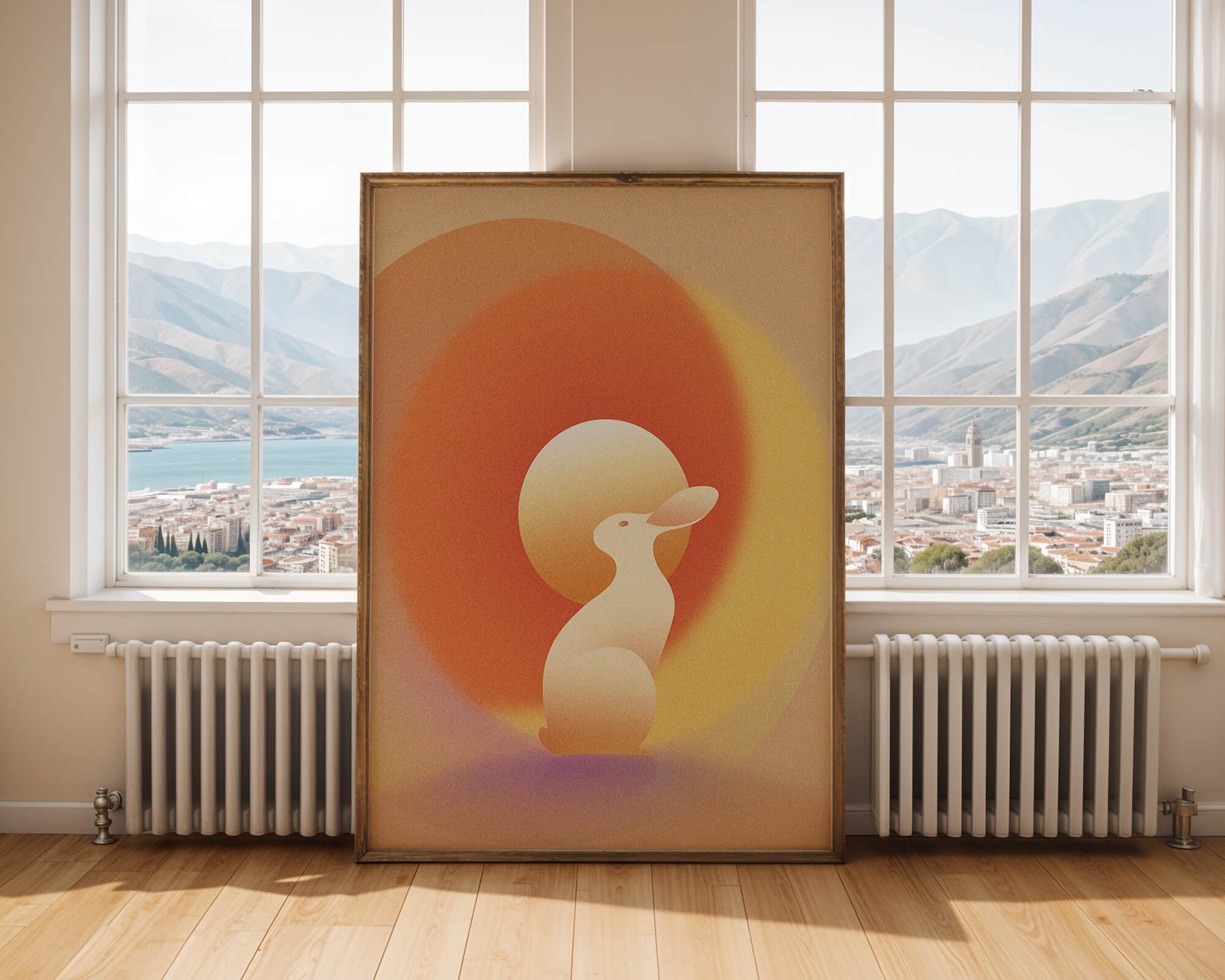 Majestic White Rabbit with Sun and Abstract Circles