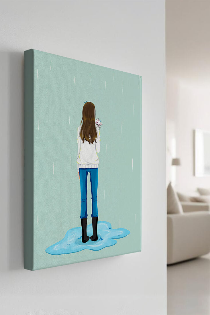 Young woman with cat in the rain