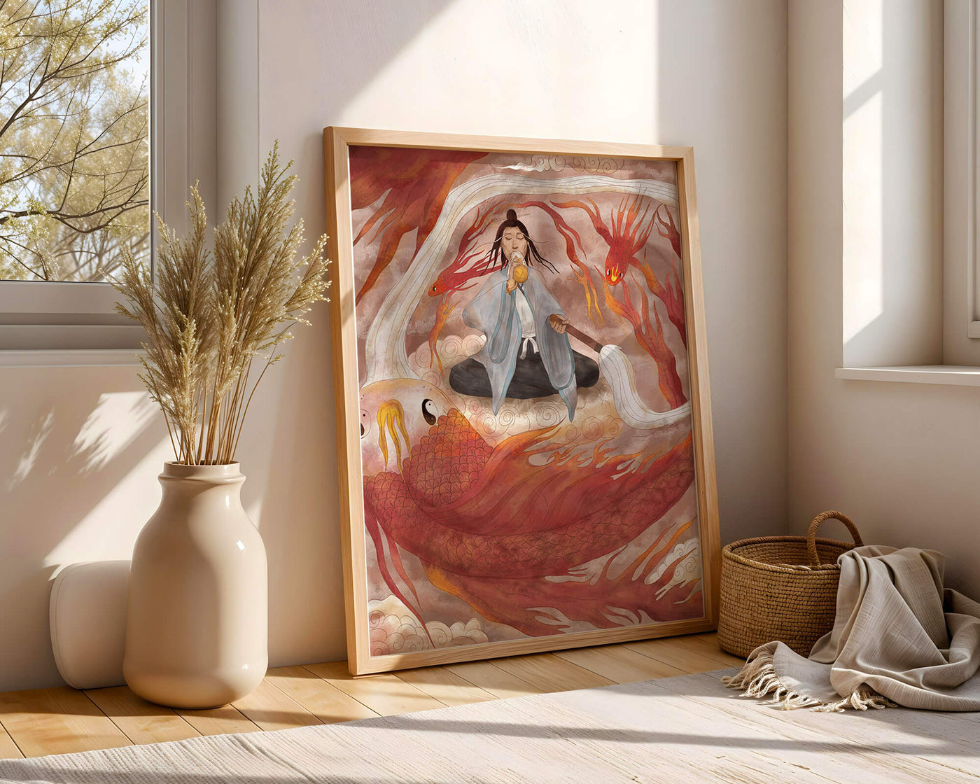 Serene meditation with mystical elements and mythical creatures