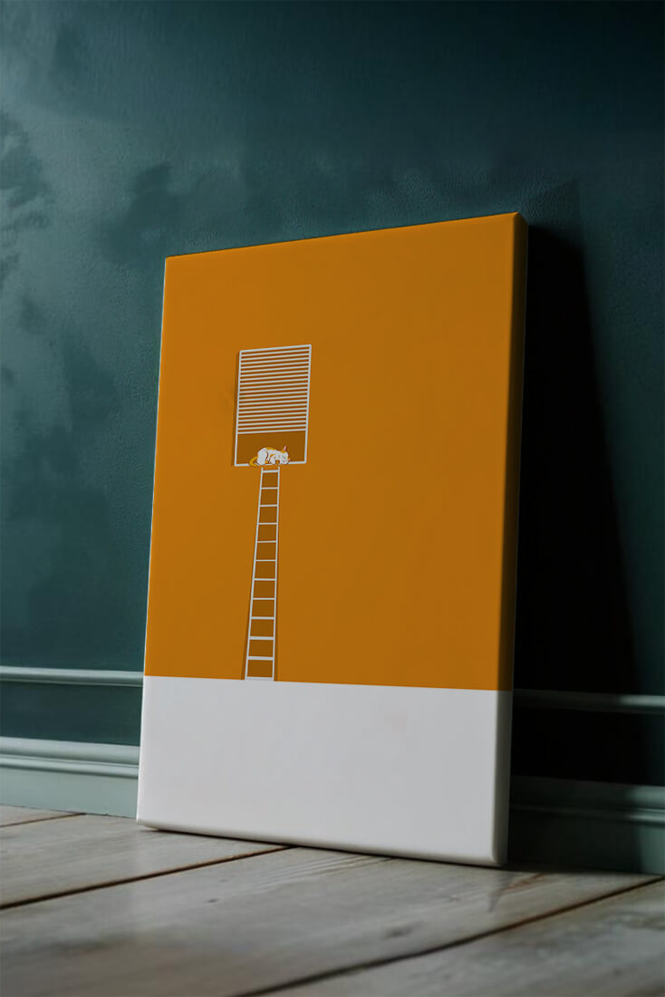 Cat Sleeping on Elevated Platform Against Orange Background