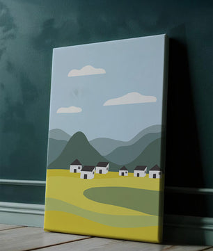 Pastoral Landscape with Mountains and Houses Under Blue Sky
