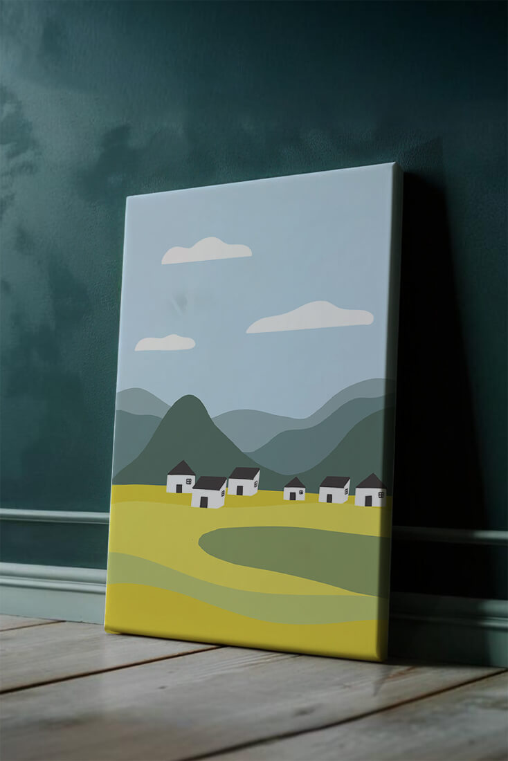 Pastoral Landscape with Mountains and Houses Under Blue Sky