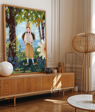 Whimsical Illustration of a Girl in Nature with Golden Hat