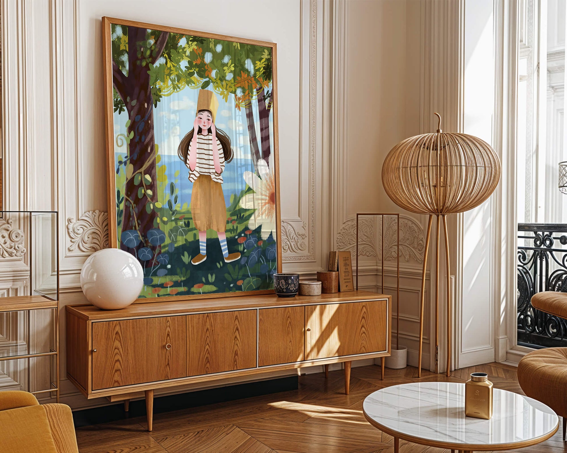 Whimsical Illustration of a Girl in Nature with Golden Hat