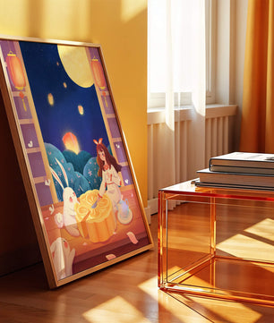 Moonlit Night with Lanterns and Tea Ceremony Featuring Rabbits and Mooncakes