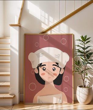 Illustration of a person in a towel with bubbles on a pink background