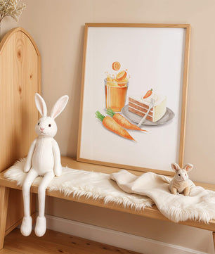 Illustration von Karottenkuchen und Saft mit frischen Karotten