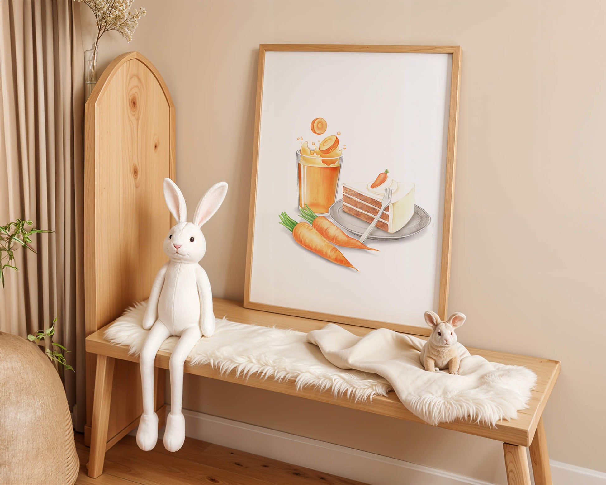 Illustration von Karottenkuchen und Saft mit frischen Karotten