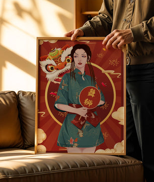 Elegant woman in traditional attire with lion dance mask in vibrant background