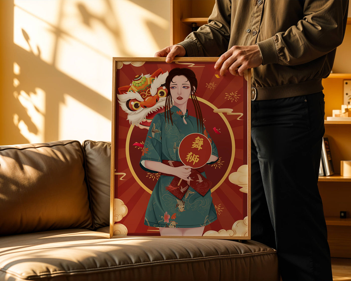 Elegant woman in traditional attire with lion dance mask in vibrant background